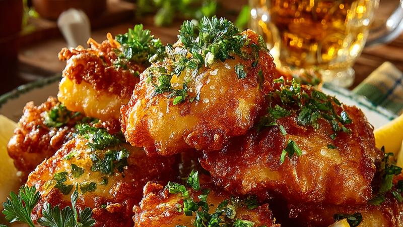 Goldbraun frittierter Backfisch im Bierteig auf weißem Teller mit Zitronenscheiben