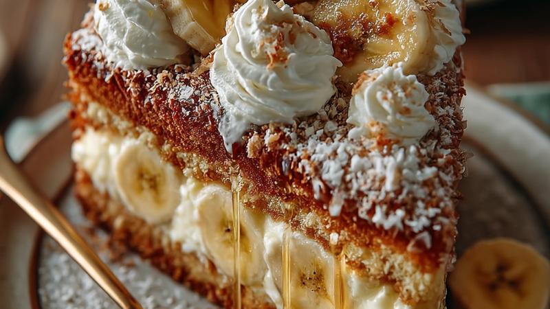 Bananen Pudding Cake von oben fotografiert mit cremiger Sahne und frischen Bananenscheiben