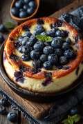 Blaubeer-Käsekuchen von oben fotografiert mit goldbrauner Oberfläche und bläulichen Beeren-Spuren