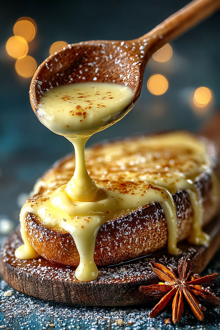 Nahaufnahme von cremiger Hollandaise-Sauce die von einem Löffel tropft, warmes Licht, dunkler Hintergrund