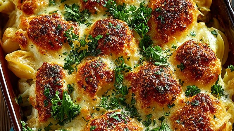 Goldbrauner Hähnchen Nudel Auflauf in rechteckiger Auflaufform, mit geschmolzenem Käse überbacken, garniert mit frischer Petersilie