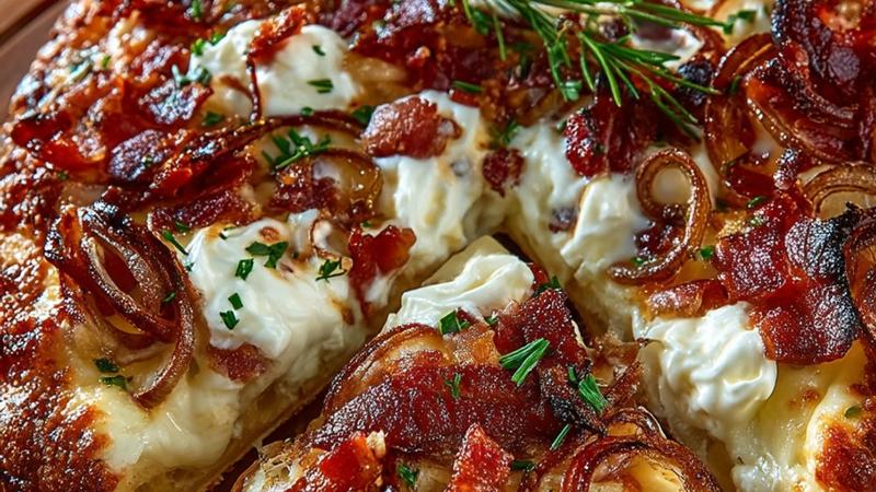 Knuspriger Flammkuchen mit Speck und Zwiebeln auf einem Holzbrett