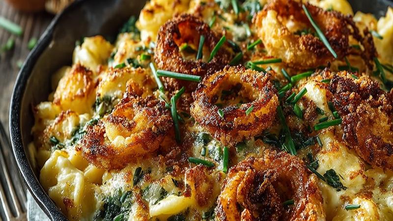 Goldene Käsespätzle mit knusprigen Röstzwiebeln und frischem Schnittlauch