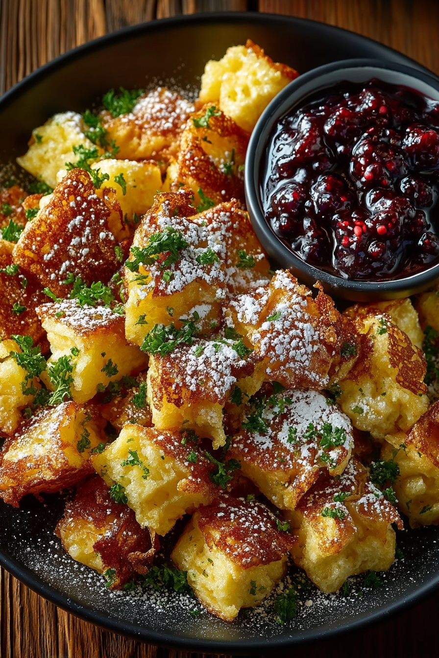 Goldgelber Kaiserschmarrn in Stücken gerissen mit Puderzucker bestäubt auf rustikalem Holzteller