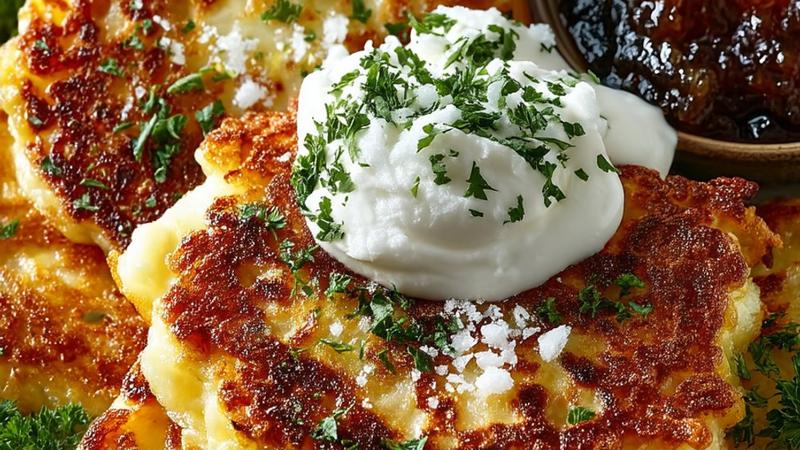 Goldbraune knusprige Kartoffelpuffer gestapelt auf einem Teller mit Apfelmus