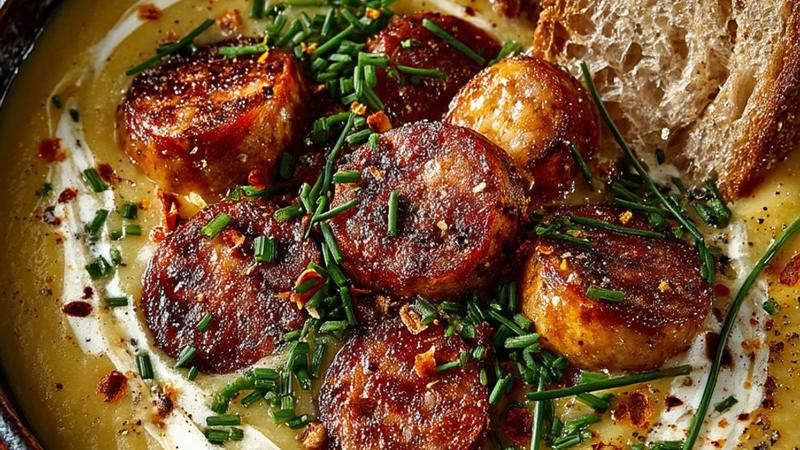 Cremige Kartoffelsuppe mit Würstchenscheiben und frischem Schnittlauch in einer rustikalen Schüssel