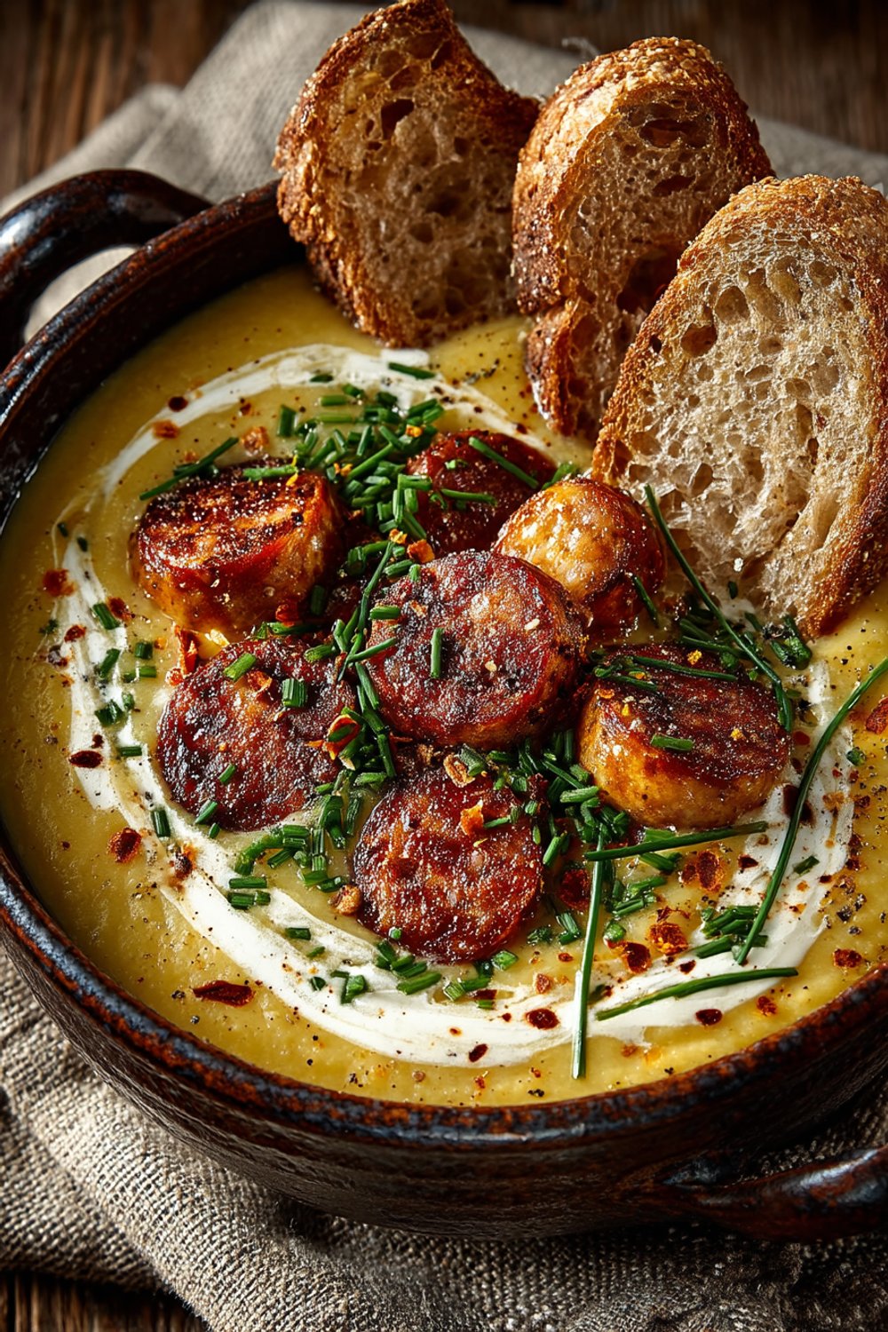 Cremige Kartoffelsuppe mit Würstchenscheiben und frischem Schnittlauch in einer rustikalen Schüssel