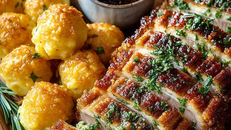 Klassischer Schweinebraten mit knuspriger Kruste auf einem Holzbrett