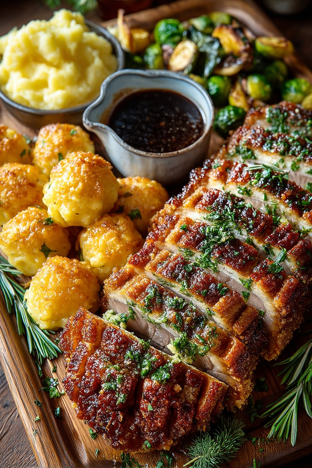 Klassischer Schweinebraten mit knuspriger Kruste auf einem Holzbrett