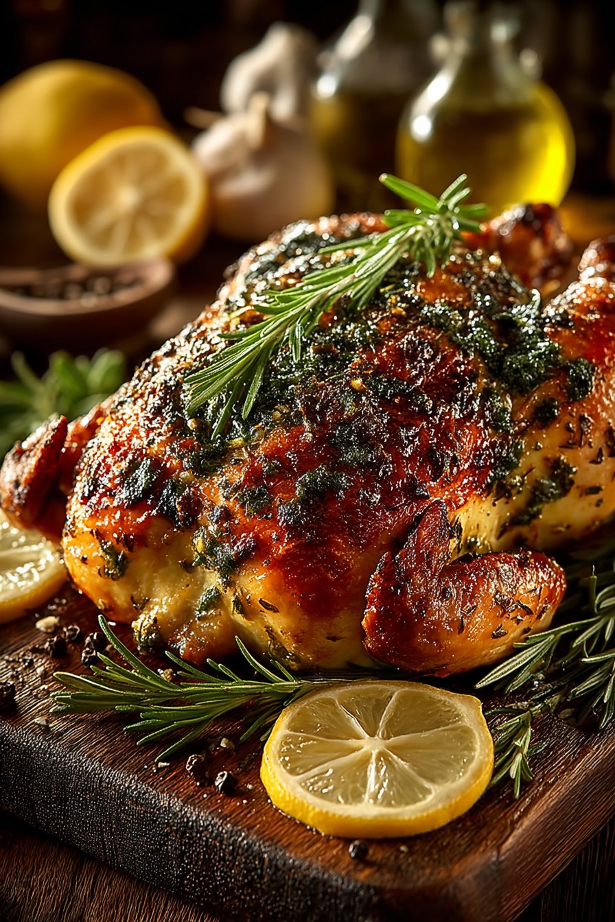Knuspriges goldbraunes Brathähnchen mit würziger Kräutermarinade von oben fotografiert