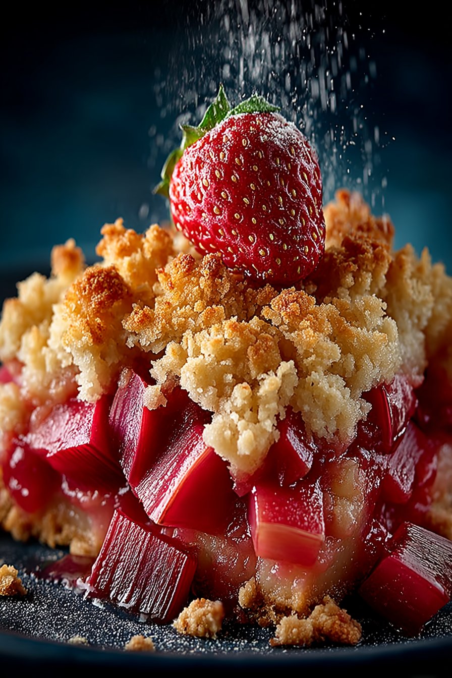 Nahaufnahme einer Portion Rhabarber-Crumble mit sichtbaren Rhabarberstücken und buttrigen Streuseln