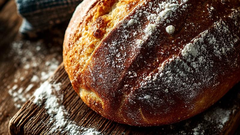 Frisch gebackenes deutsches Sauerteigbrot mit goldbrauner Kruste auf rustikalem Holzbrett