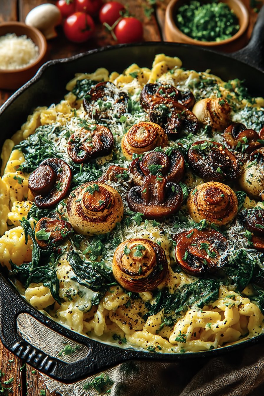 Spätzle-Pfanne mit goldbraunen Champignons und frischem Spinat in cremiger Sauce