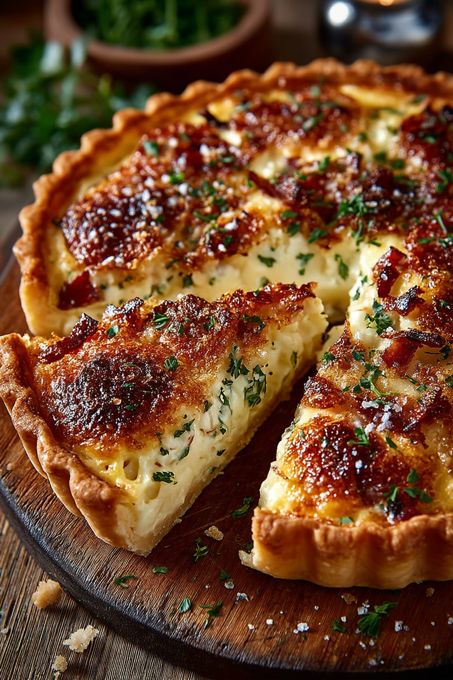 Goldbrauner Zwiebelkuchen auf Backblech von oben fotografiert mit knusprigem Hefeteig und cremigem Zwiebelbelag